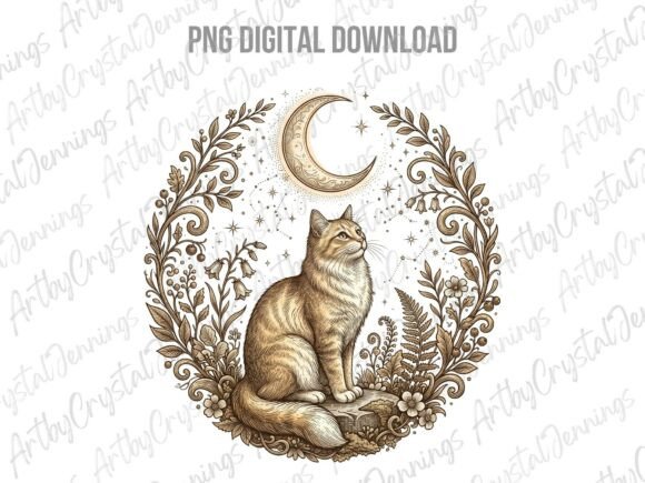 Download Boho Celestial Cat Moon Floral PNG - Boho celestial Collection